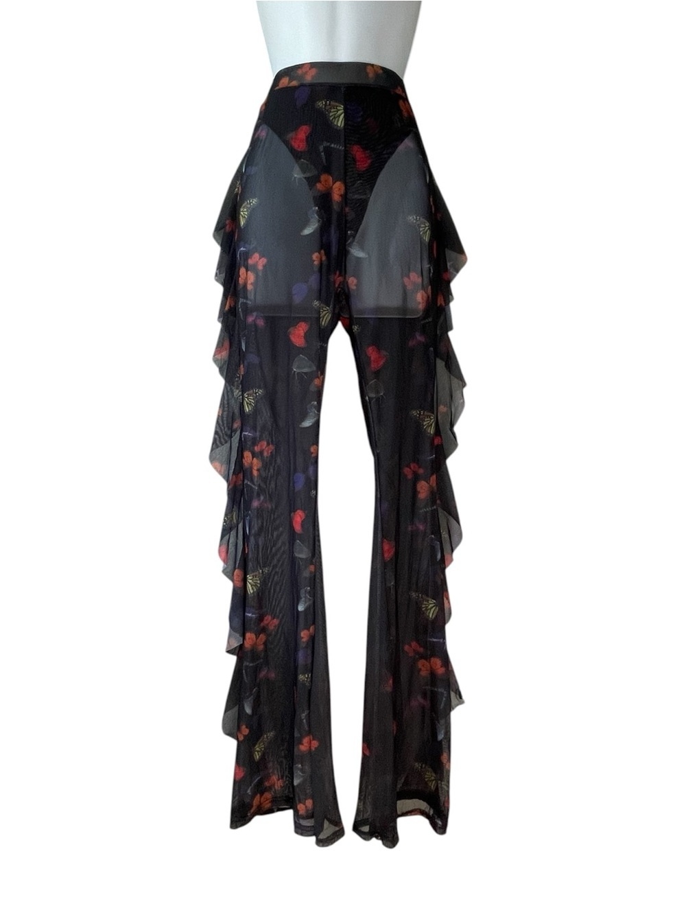 Butterfly Floral Mesh Ruffle Flare Pants Sheer High Rise Fairy Grunge Goth Y2K - Picture 7 of 7